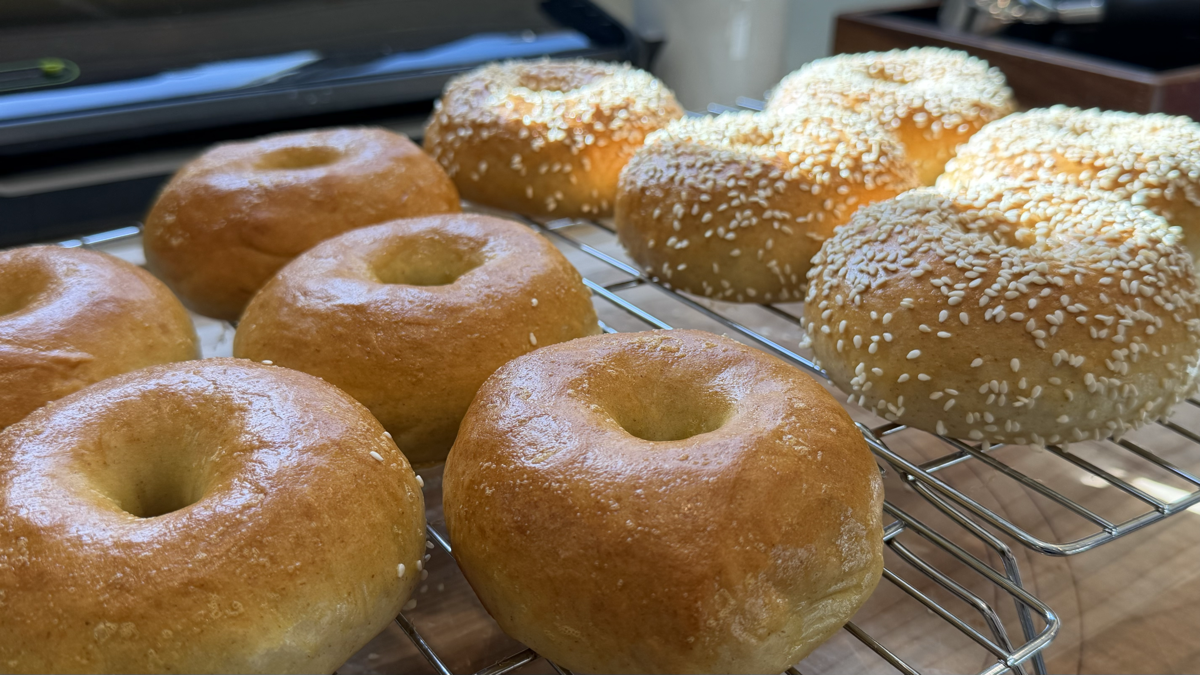 Finished bagels on cooling rack